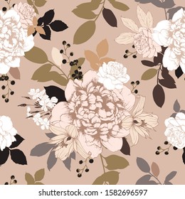 Seamless vector pattern with elegant bouquet. Floral background with peonies, roses, clematis