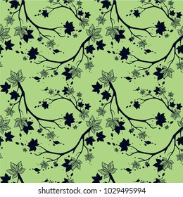 Seamless vector pattern with elegant branches on green background. Floral vector illustration. Design for textile, wrapping paper, season decorations.