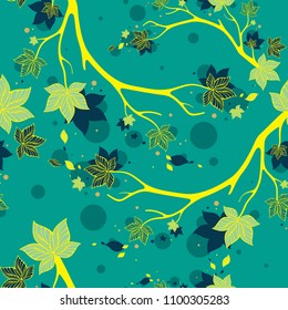 Seamless vector pattern with elegant branches on turquoise background. Leaves vector illustration. Design for textile, wrapping paper, season decorations.