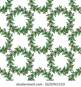 Seamless vector pattern of elegant Christmas mistletoe wreaths with red and pink berries, perfect for festive holiday designs and winter backgrounds.