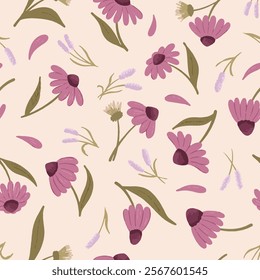 Seamless vector pattern elegant dainty florals on cream white, Purple coneflower repeat textile