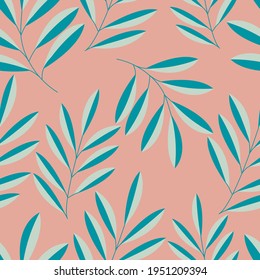 Seamless vector pattern with elegant exotic branches densely placed on a pink background.	
