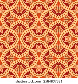 Seamless vector pattern with an elegant floral motif in warm tones of red, orange, and beige. The symmetrical design features intricate botanical elements and decorative curves, vintage