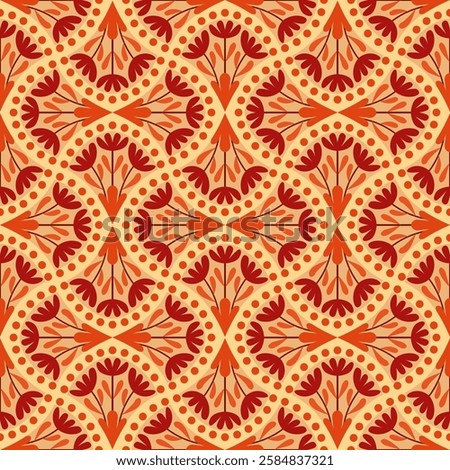 Seamless vector pattern with an elegant floral motif in warm tones of red, orange, and beige. The symmetrical design features intricate botanical elements and decorative curves, vintage