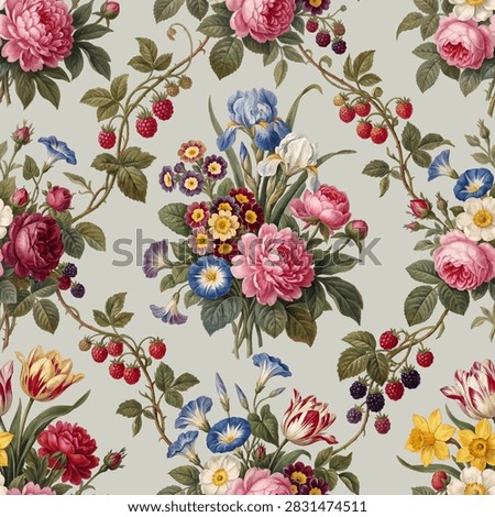 Seamless vector pattern with elegant flower bouquets isolated on a changeable background. Vintage vector illustration in French Rococo art style.