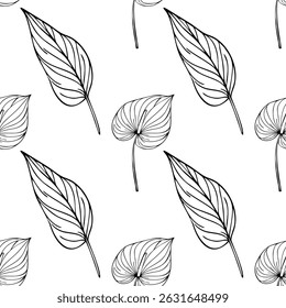 Seamless vector pattern of elegant hand-drawn anthurium leaves and elongated leaves in a minimalist black and white style, perfect for textile design or botanical illustrations.