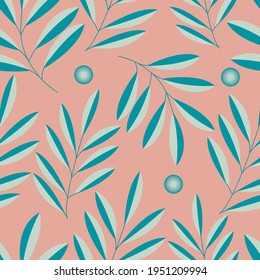 Seamless vector pattern with elegant large exotic branches densely placed with dew drops on a pink background.	
