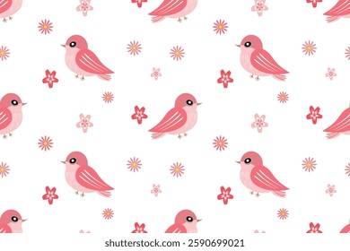 Seamless vector pattern Elegant pink birds delicate flowers perfect for fabric wallpaper wrapping paper creative projects Сharming and romantic design with soft pastel tones Isolated background