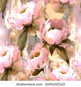 Seamless vector pattern with elegant pink peonies, delicate brush strokes and a luxurious abstract background