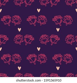 Seamless vector Pattern with elegant Roses and hearts for Valentine's Day design. Hand drawn love and romance dark background.