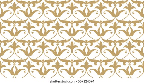 Seamless vector pattern with elegant stylized golden branches and scrolls.  Decorative lattice in the Moroccan style on white. Monochrome Arabian   background