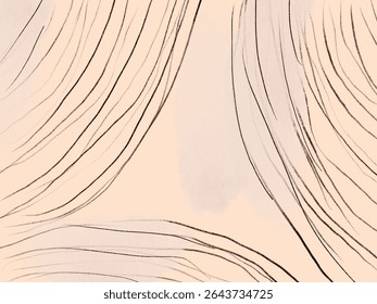 Seamless vector pattern of elegant, textured dark lines forming fluid drapes on a light beige background, symbolizing organic movement, subtle depth, and sophisticated natural textures.