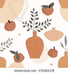 Seamless vector pattern. Elegant vases with tropical plants, fruits, abstract shapes, ornaments. Textures on the objects. Minimalistic terracotta background, abstract art print.  Boho style still life