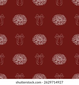 Seamless vector pattern with elegant white outline chrysanthemum flowers and bows on a deep burgundy background, ideal for festive design projects.
