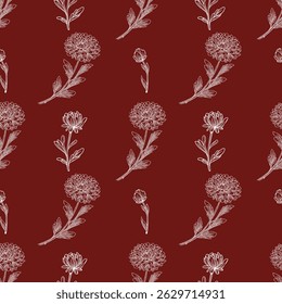 Seamless vector pattern with elegant white line art chrysanthemum flowers and leaves on a deep burgundy background, perfect for autumnal designs and textile prints.