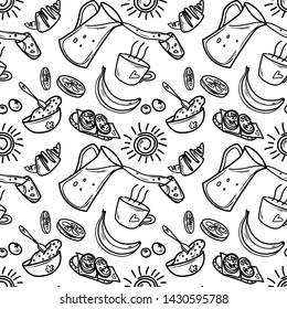 Seamless vector pattern with elements for breakfast: croissant, sandwich, juice and glass, porridge in a plate with the spoon, banana, cup of tea or coffee, orange, lemon, berries and a morning sun