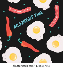Seamless vector pattern elements of the food. Breakfast-eggs, bread, bacon.
