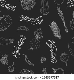 Seamless vector pattern of elements with hand drawn vegetables on a chalkboard background. Sketch style with lettering