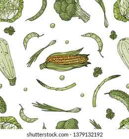 Seamless vector pattern of elements with hand drawn green vegetables on a white background. Sketch style