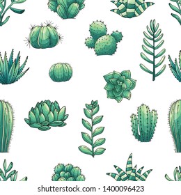 Seamless vector pattern of elements with hand drawn colored cacti and succulents. Ornament in sketch style