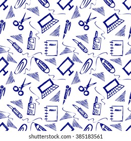 Seamless vector pattern with elements of office supplies.White background with scissors, notebook, laptop, pc,pen,pencil, paper clip. Hand sketch drawing.Series of Business and Hand drawn Patterns