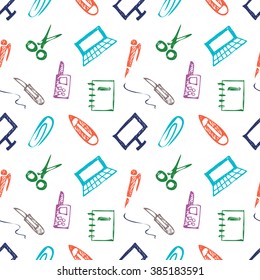 Seamless vector pattern with elements of office supplies. Colorful background with scissors, notebook, laptop, pc,pen,pencil, paper clip. Hand sketch drawing.Series of Business and Hand drawn Patterns