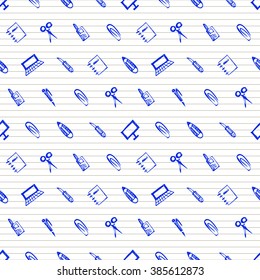 Seamless vector pattern with elements of office supplies. Checkered background with scissors, notebook, laptop, pc,pen,pencil, paper clip.Hand sketch drawing.Series of Business Seamless Patterns
