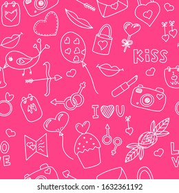 Seamless vector pattern with elements on the theme of Valentine's Day. Ideal for wrapping paper, printing on clothes. Objects are hand-drawn in a doodle style. white stroke on a pink background