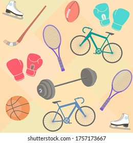 Seamless vector pattern with elements of sport inventory on colored background