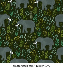 Seamless vector pattern with an elephant and plants on a dark background