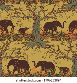 Seamless vector pattern with elephant silhouettes on beige background. African animal landscape wallpaper design. Tropical forest fashion textile.