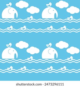Seamless vector pattern with elephants and birds swimming on the water. Simple primitive childish design for textiles, fabrics, wallpaper, paper and other surfaces.