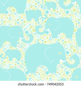 Seamless vector pattern with elephants on floral background