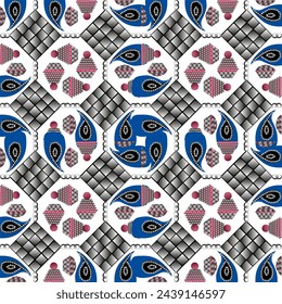 Seamless vector pattern with embellishments and paisley with gradient in trendy colors. Suitable for interior, wallpaper, fabrics, clothing, stationery.
