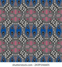 Seamless vector pattern with embellishments and paisley with gradient in trendy colors. Suitable for interior, wallpaper, fabrics, clothing, stationery.
