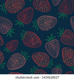 Seamless vector pattern with embroided strawberries on dark teal background. Surface print design.