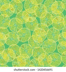 Seamless vector pattern with embroidered overlapping lemon slices. Surface print design.