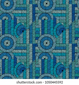 Seamless vector pattern, embroidery ornament. Vintage embroidery fabric texture. Geometrical simple background. Ethnic and tribal motifs, colored lines