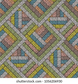 Seamless vector pattern, embroidery ornament. Vintage embroidery fabric texture. Geometrical simple background. Ethnic and tribal motifs, colored lines