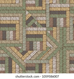 Seamless vector pattern, embroidery ornament. Vintage embroidery fabric texture. Geometrical simple background. Ethnic and tribal motifs, colored lines