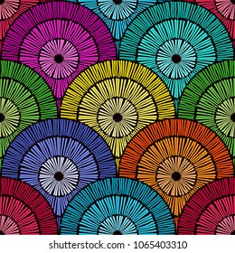 Seamless vector pattern, embroidery ornament. Vintage embroidery fabric texture. Geometrical simple circle background. Ethnic and tribal motifs, boho style
