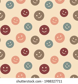 Seamless vector pattern with emoji in a naive childish style. Smiles, polka dot color funny background.