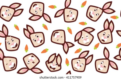 Seamless vector pattern of emotional faces rabbits for textile, wallpaper, toys, children's dishes and clothes. Happy, fun, anger, inspiration, joy, happiness, confusion, kiss,	enjoyment, satisfaction