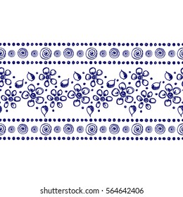 Seamless vector pattern, endless floral border. Had drawn background with flowers. Decorative cute drawing ornament.
