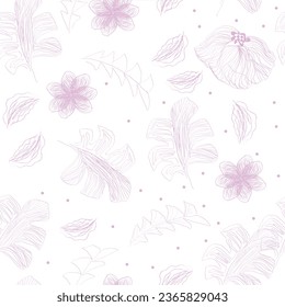 Seamless vector pattern, england style, scandi style, pink flowers and white background. Textile, fashion, curve, texture and fabric