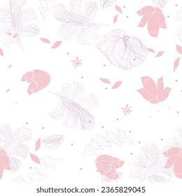 Seamless vector pattern, england style, scandi style, pink flowers and white background. Textile, fashion, curve, texture and fabric