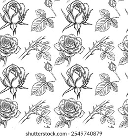 Seamless vector pattern, engraving, line drawing of rose by hand, bud.