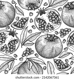 Seamless vector pattern in engraving style. Graphic linear fruits and pomegranate leaves