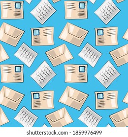 Seamless vector pattern with envelopes, letters and stamp