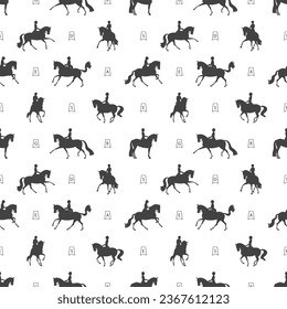 Seamless vector pattern, equestrian dressage, athletes and horses in the arena